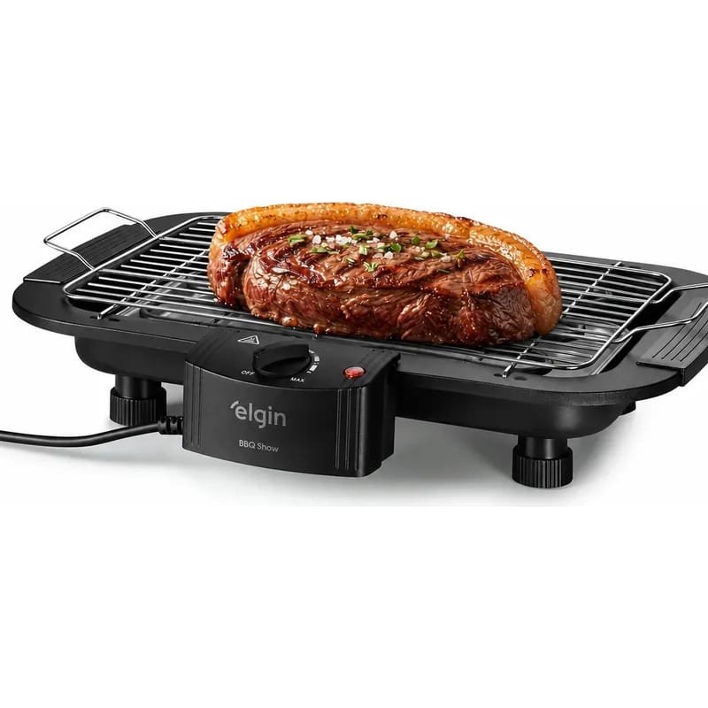 Churrasqueira elétrica de mesa com grelha retangular e bandeja de água